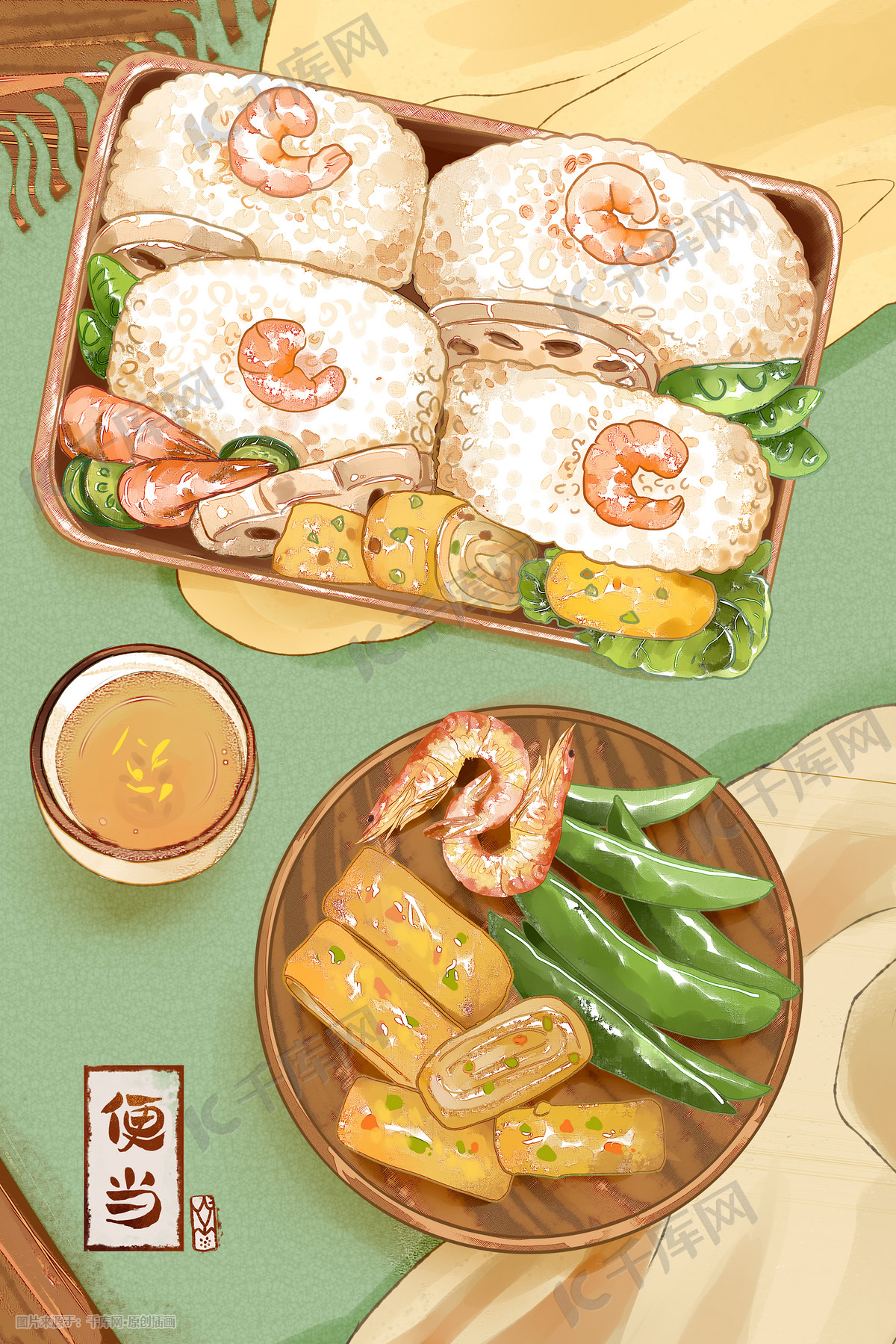 治愈唯美清新美食餐桌桌布日式便当插画图片-千库网