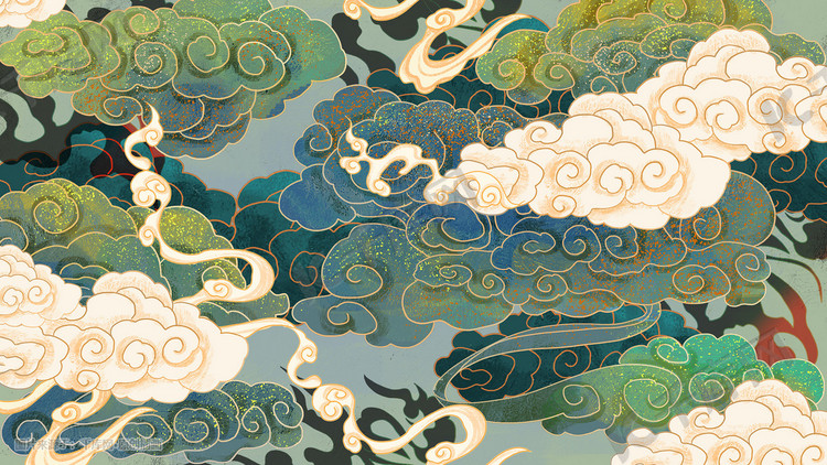 绿色系中国风古风神话云朵祥云背景国潮插画图片-千库网