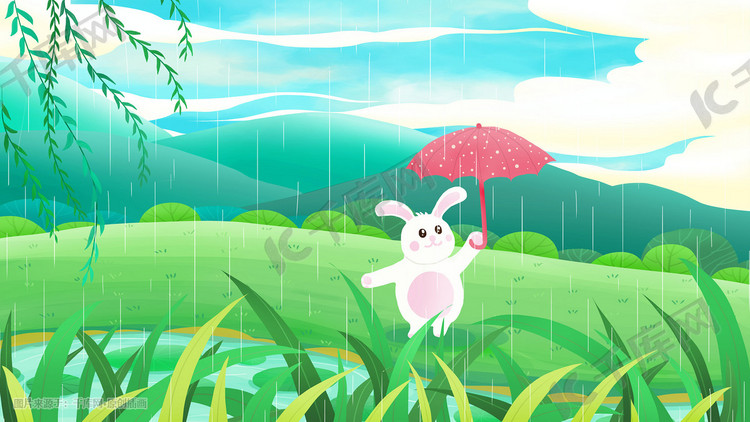 谷雨唯美清新雨中撑伞的小兔子