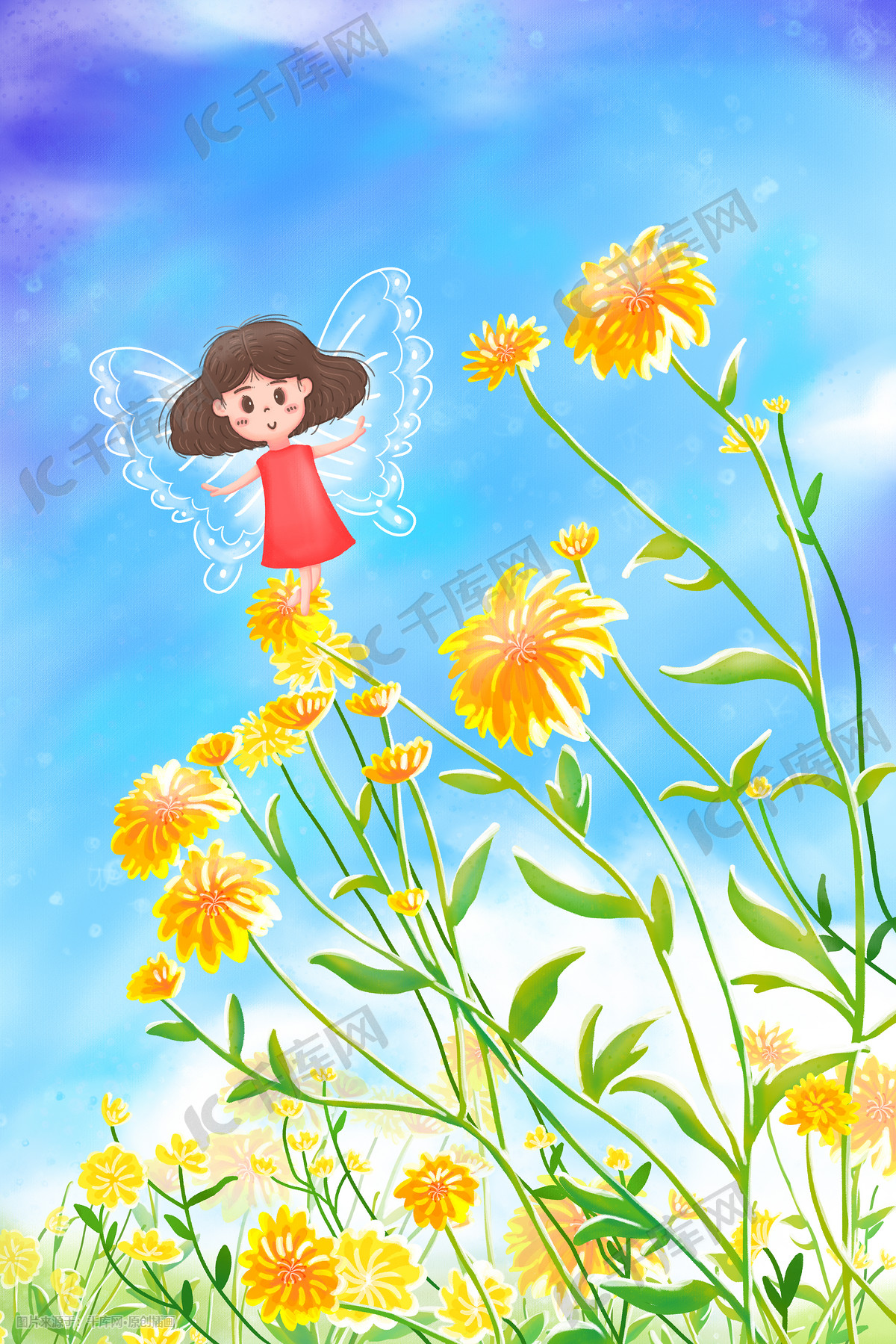 夏季夏天花海精灵女孩白色翅膀飞翔插画图片 千库网 插画id