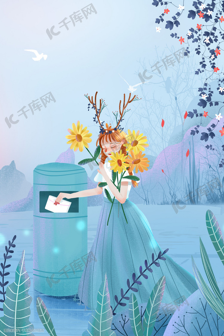 花季少女少女与花文艺少女风景卡通插画