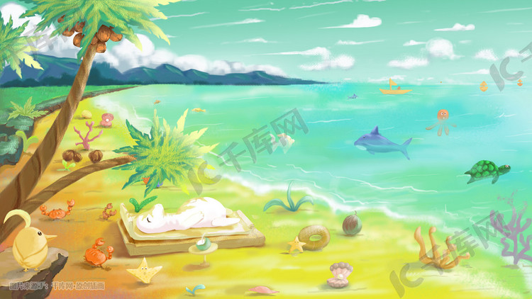 夏日清爽小海怪海滩绿色系配图