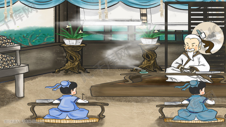 中国水墨古风私塾学堂上学上课写毛笔字场景