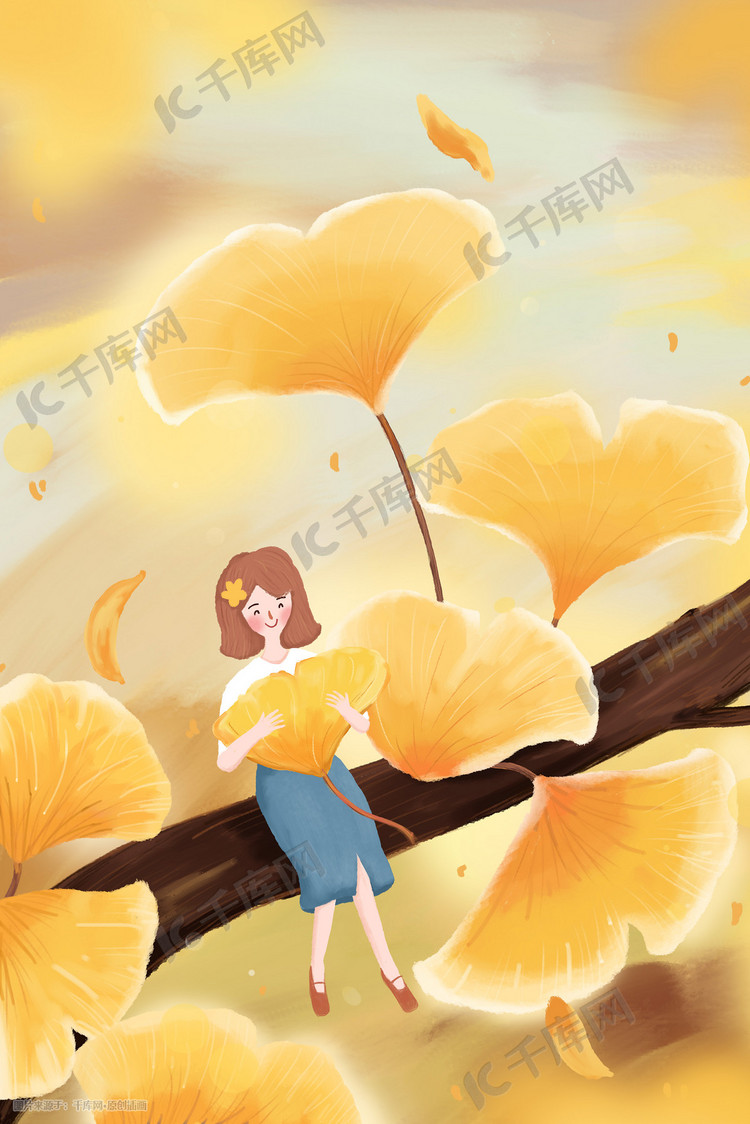 秋分坐在银杏树枝上抱着银杏叶的女孩唯美插