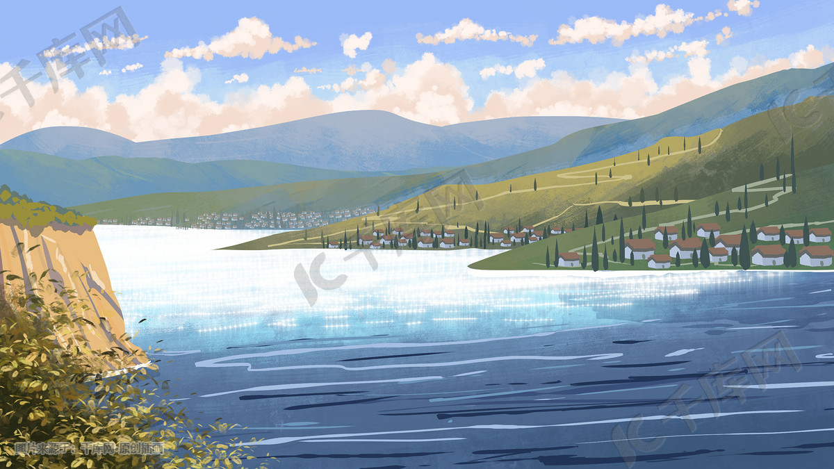 夏日湖水群山风景小清新插画图片 千库网 插画id