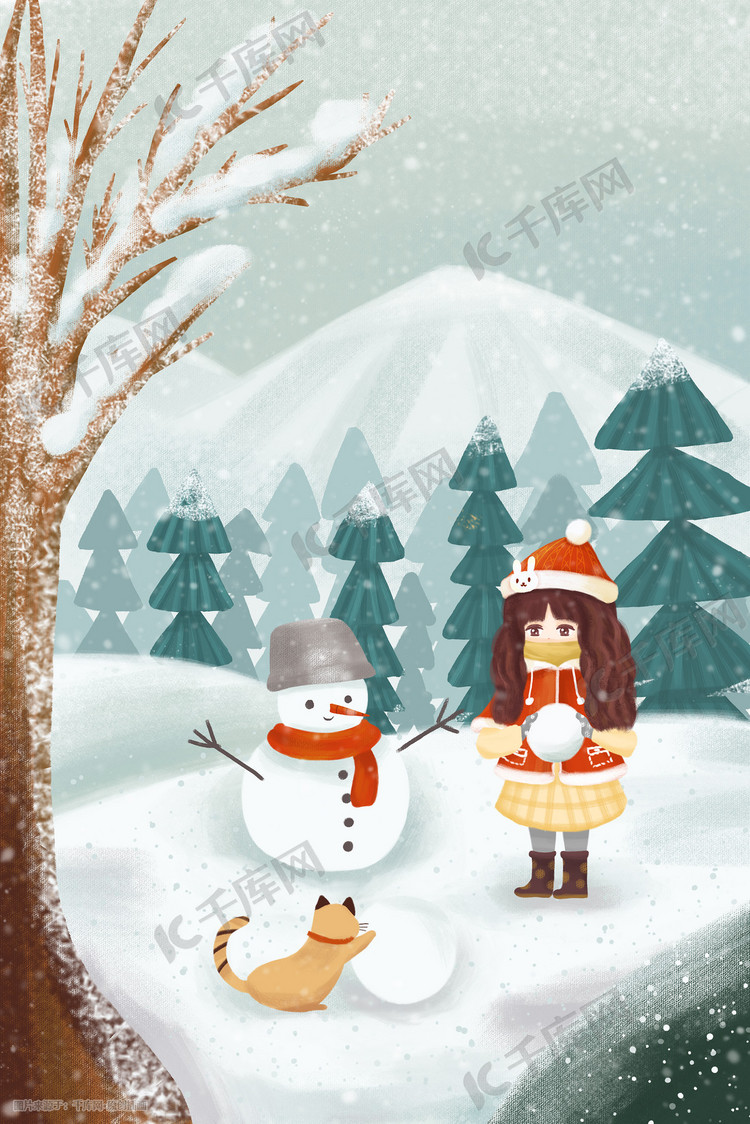 冬季景色女孩小猫堆雪人玩耍配图