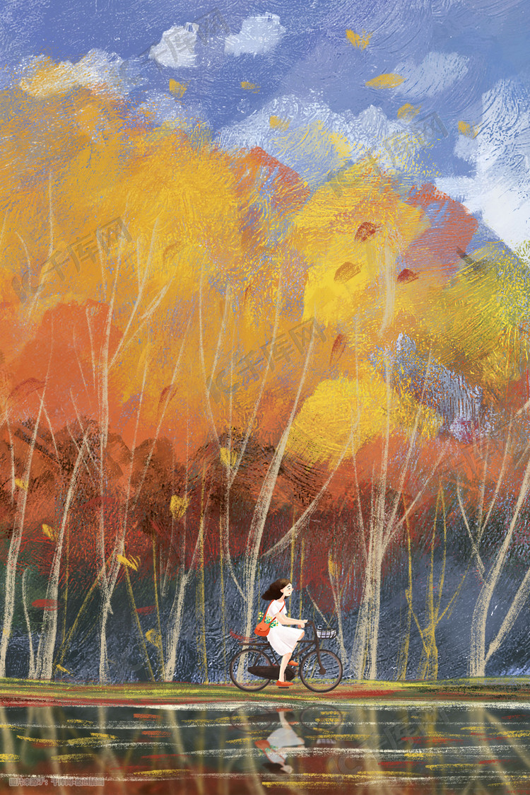 秋天树林森林风景骑车油画