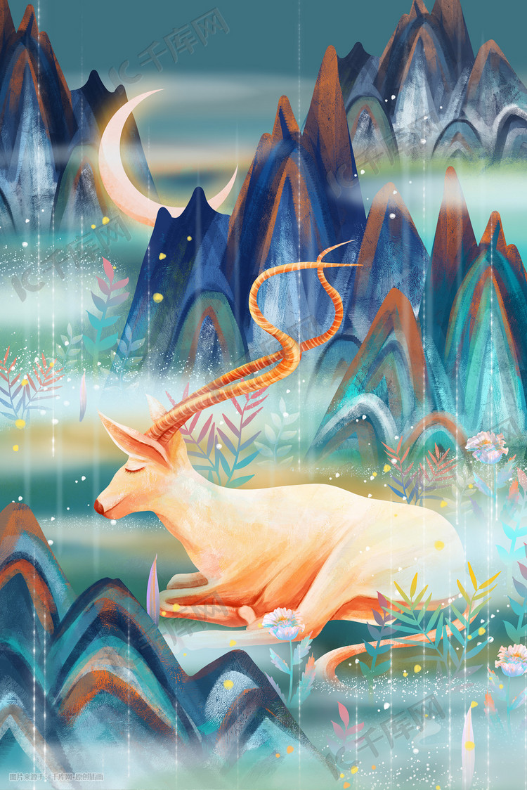 国潮风藏羚羊手绘插画