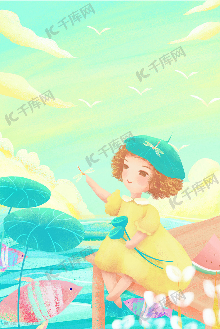 温馨可爱女孩带荷叶帽逗蜻蜓玩耍插画