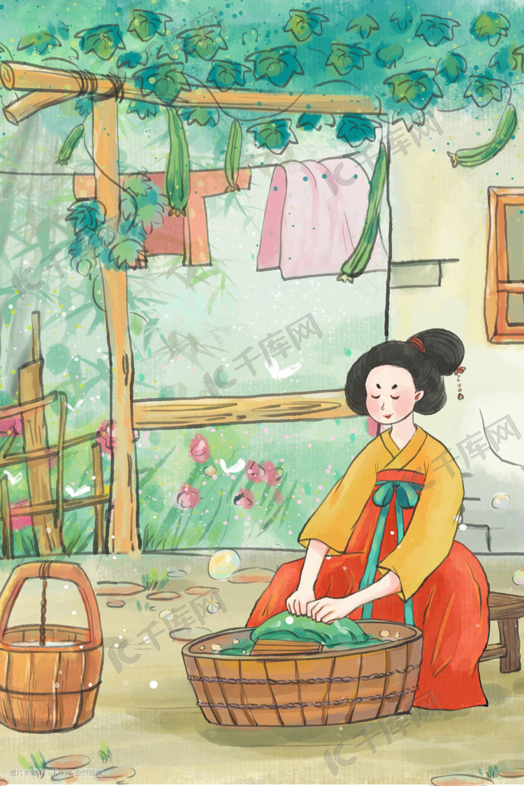 古风主题之古代女子洗衣服场景