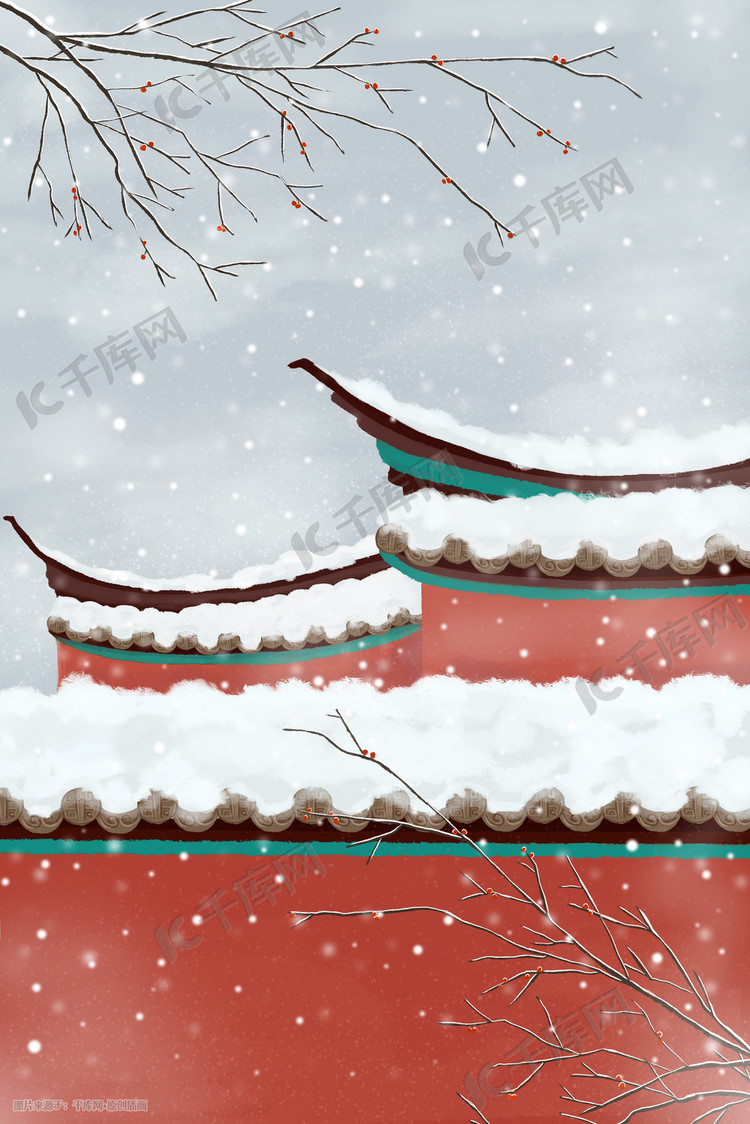 冷淡风清冷红色城墙古风建筑下雪背景