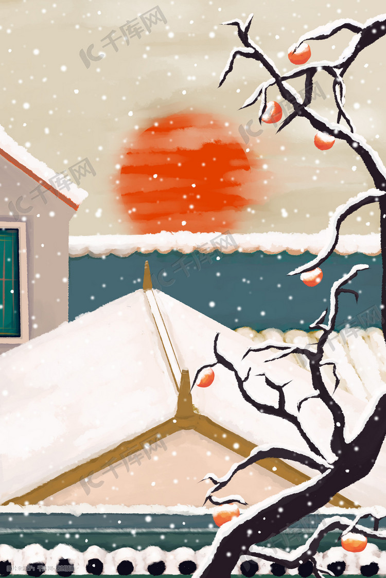 冬季晚霞枯树建筑雪景插画