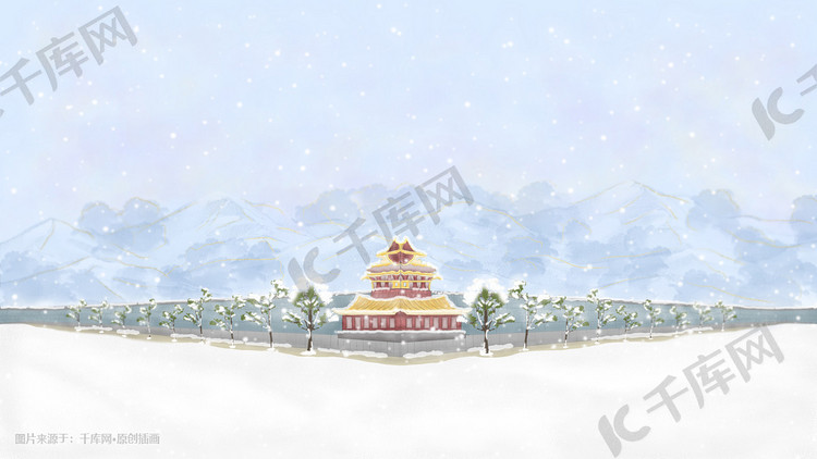 冷色系中国风唯美雪天大雪小雪冬季下雪建筑