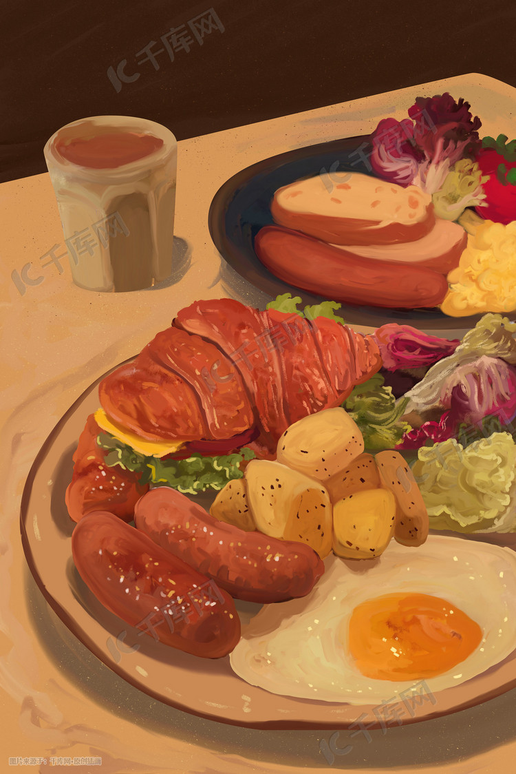 美味的大餐西餐拼盘手绘插画