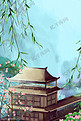 中国风古风场景阁楼廊桥园林夏季山水风景