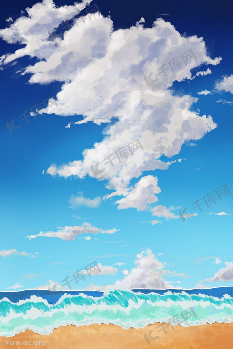 夏天蓝色天空蓝天云海边海浪海积云风景背景
