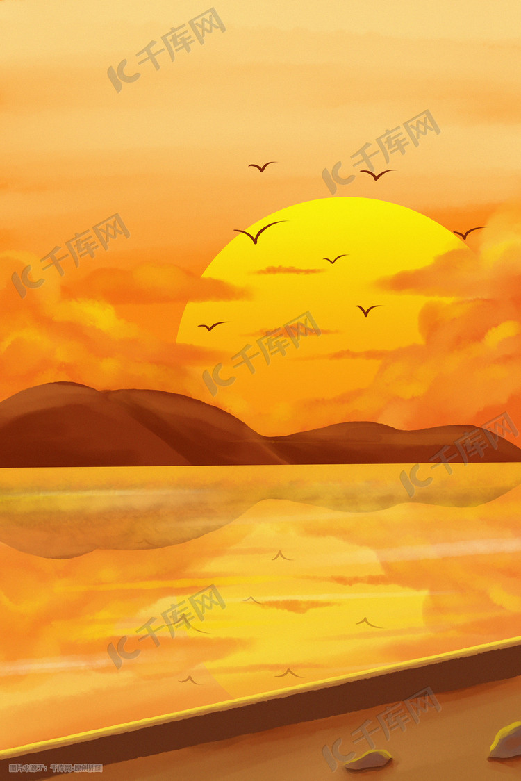 秋天秋季夕阳晚霞海边场景温馨治愈插画