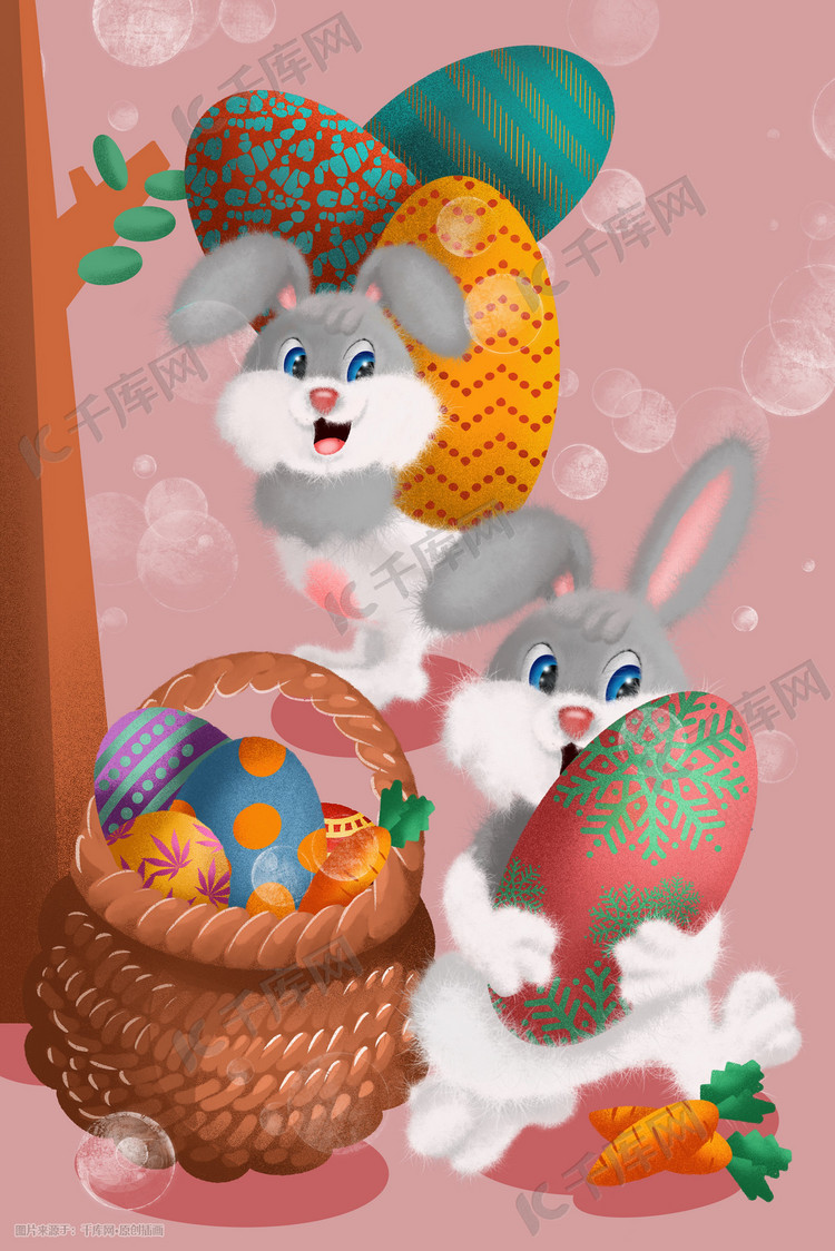 复活节毛茸茸可爱小兔子与复活节彩蛋