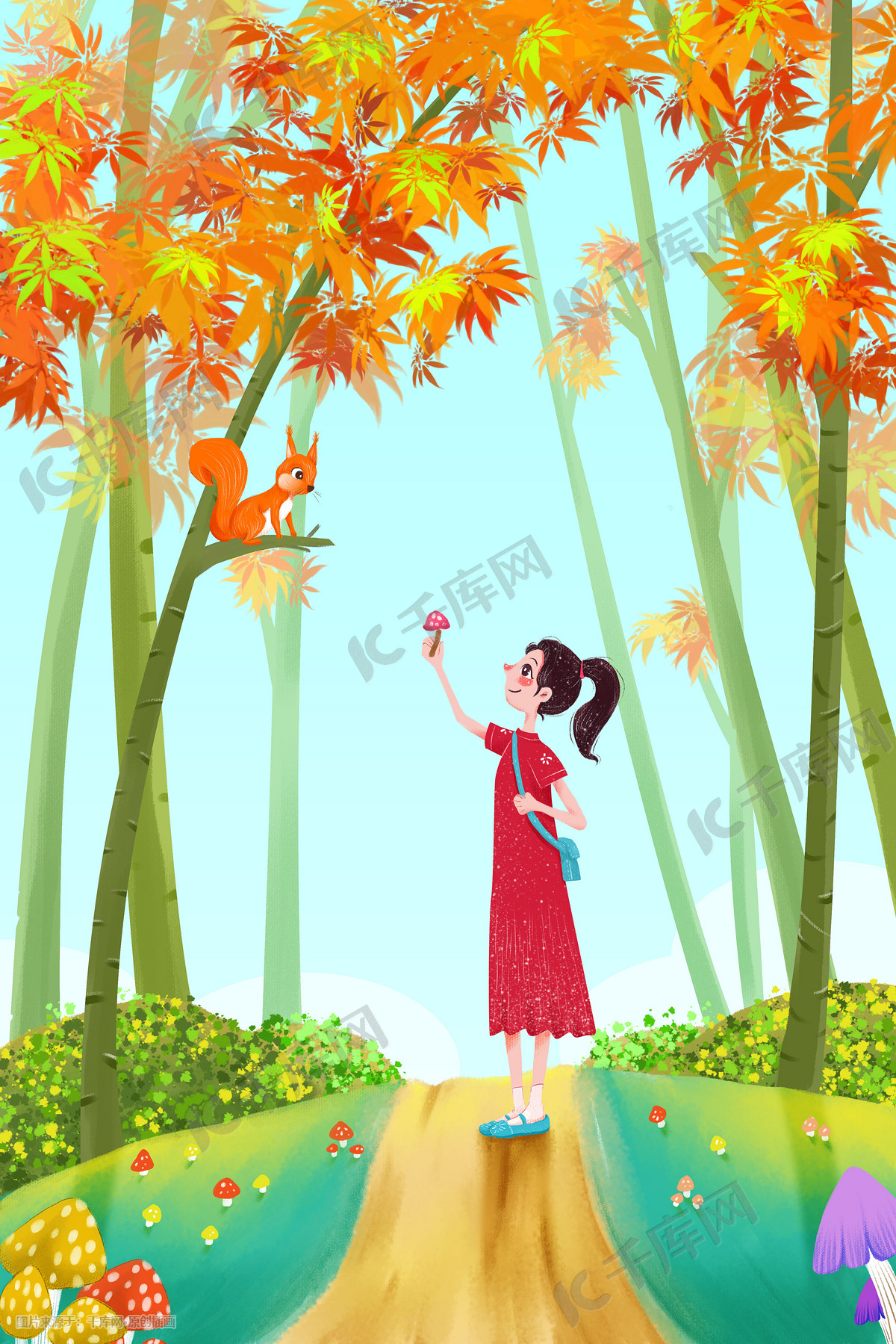 立秋枫林中的小女孩插画