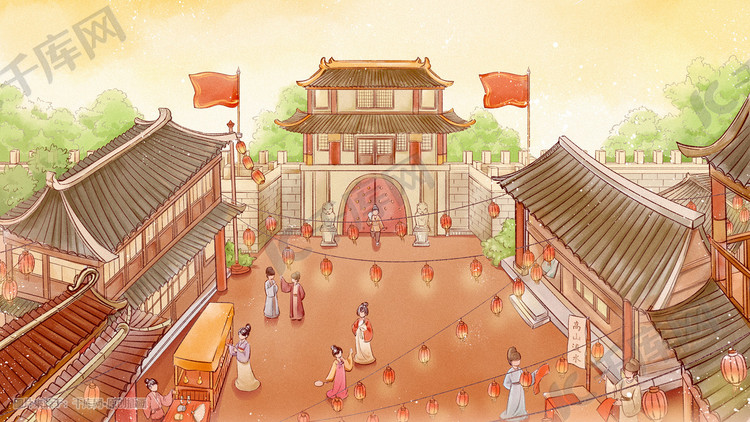新年春节中国风古风水彩古代集市建筑