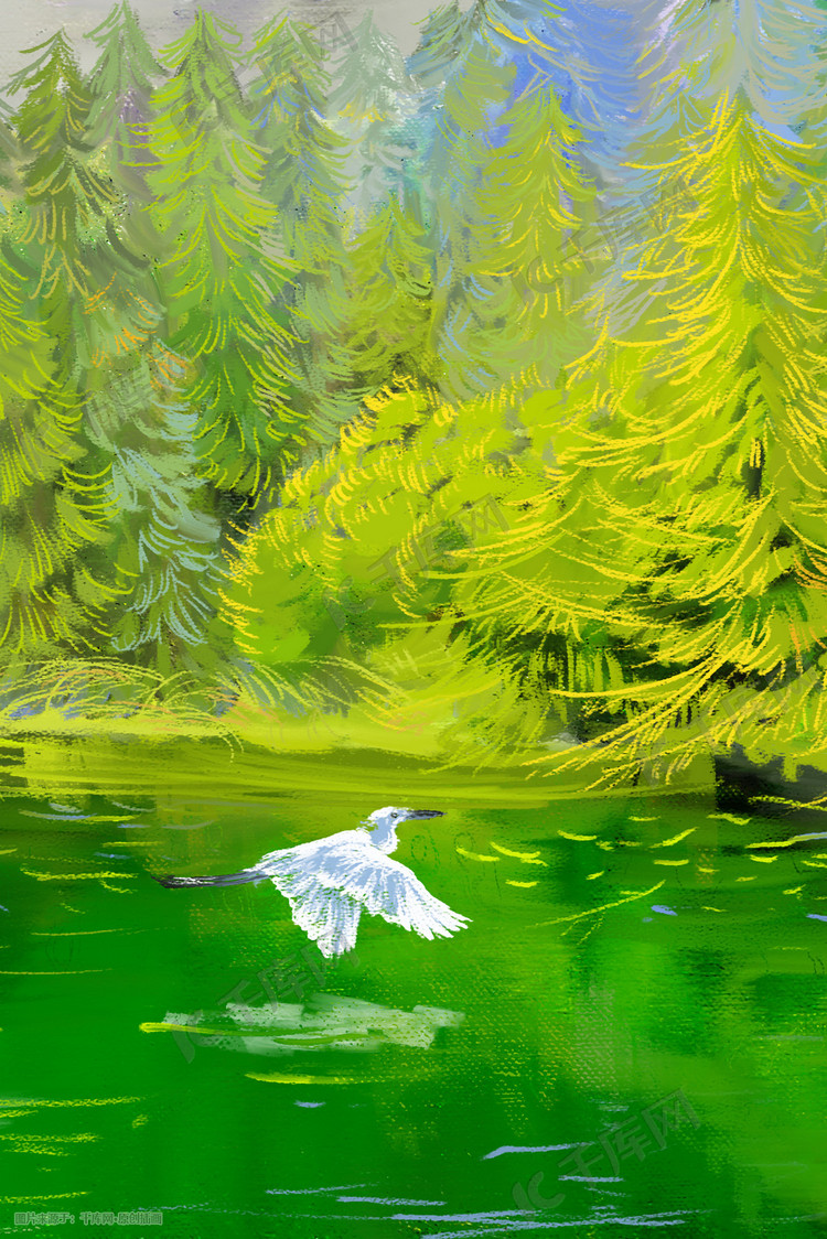 油画风格山间风景原创插画