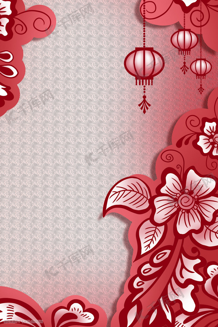 红色系中国风剪纸风灯笼花朵背景