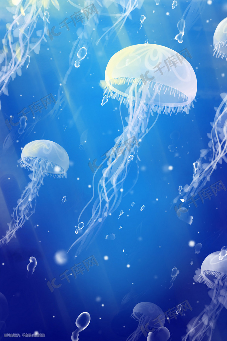 蓝色系海洋生物水母气泡海底光点发光背景
