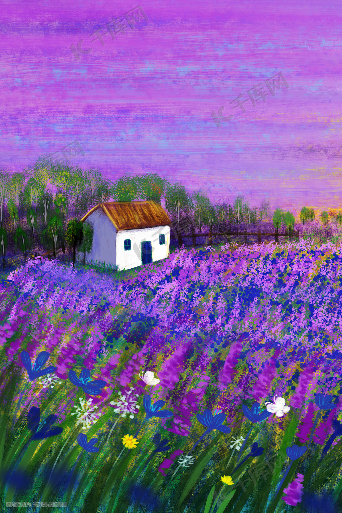 紫色薰衣草花油画风景花海天空夕阳背景插画图片 千库网 插画id