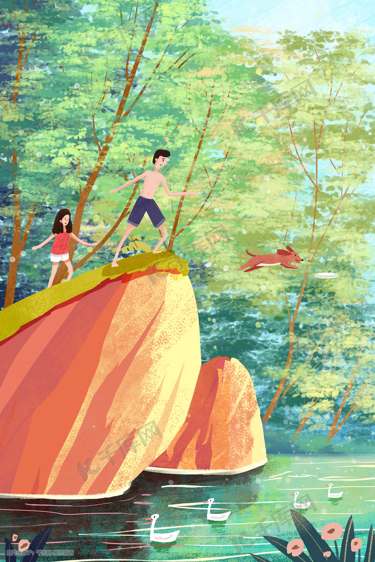 暑假大家出去河边游玩小清新插画图片-千库网