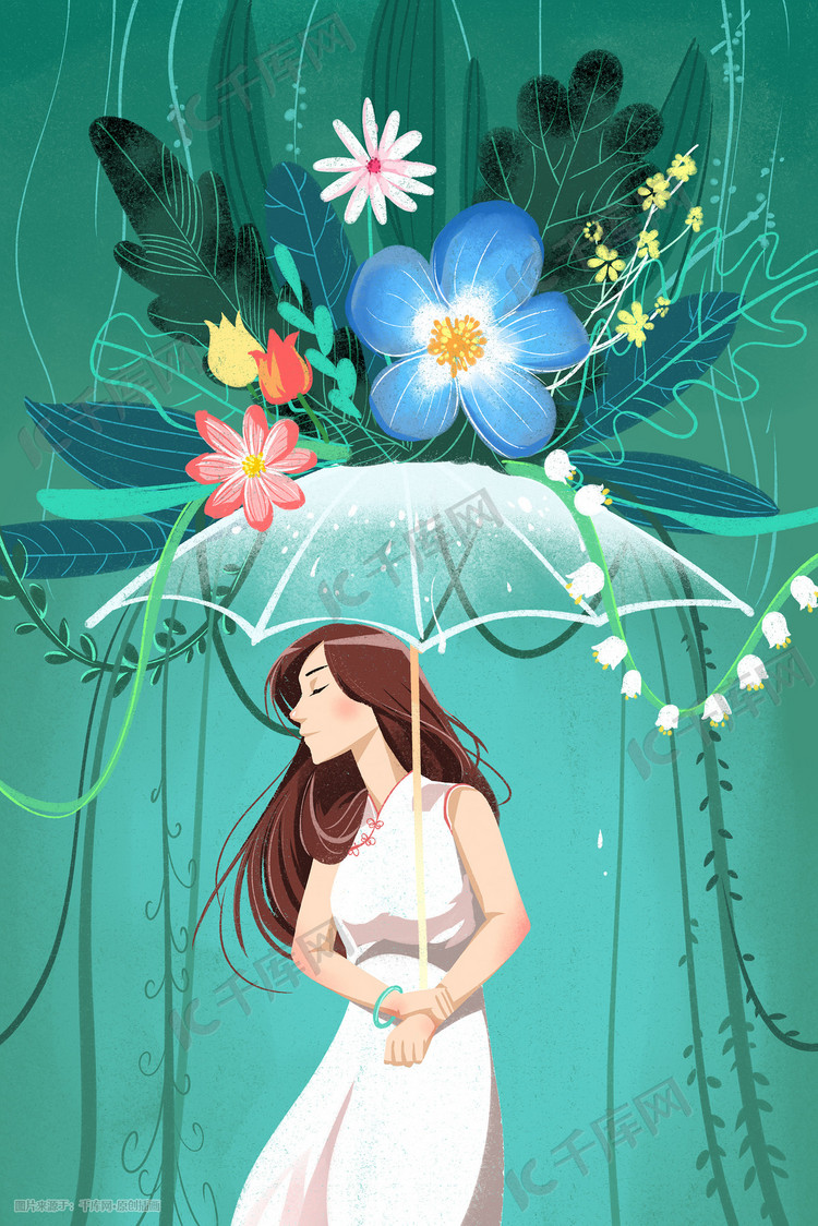 绿色系卡通手绘风小暑夏日花卉女孩配图