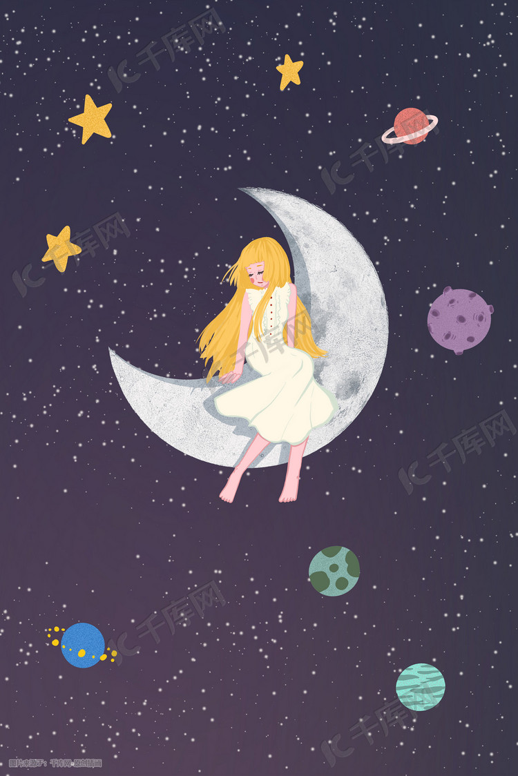 冷淡风夜空中坐在月亮上的女孩