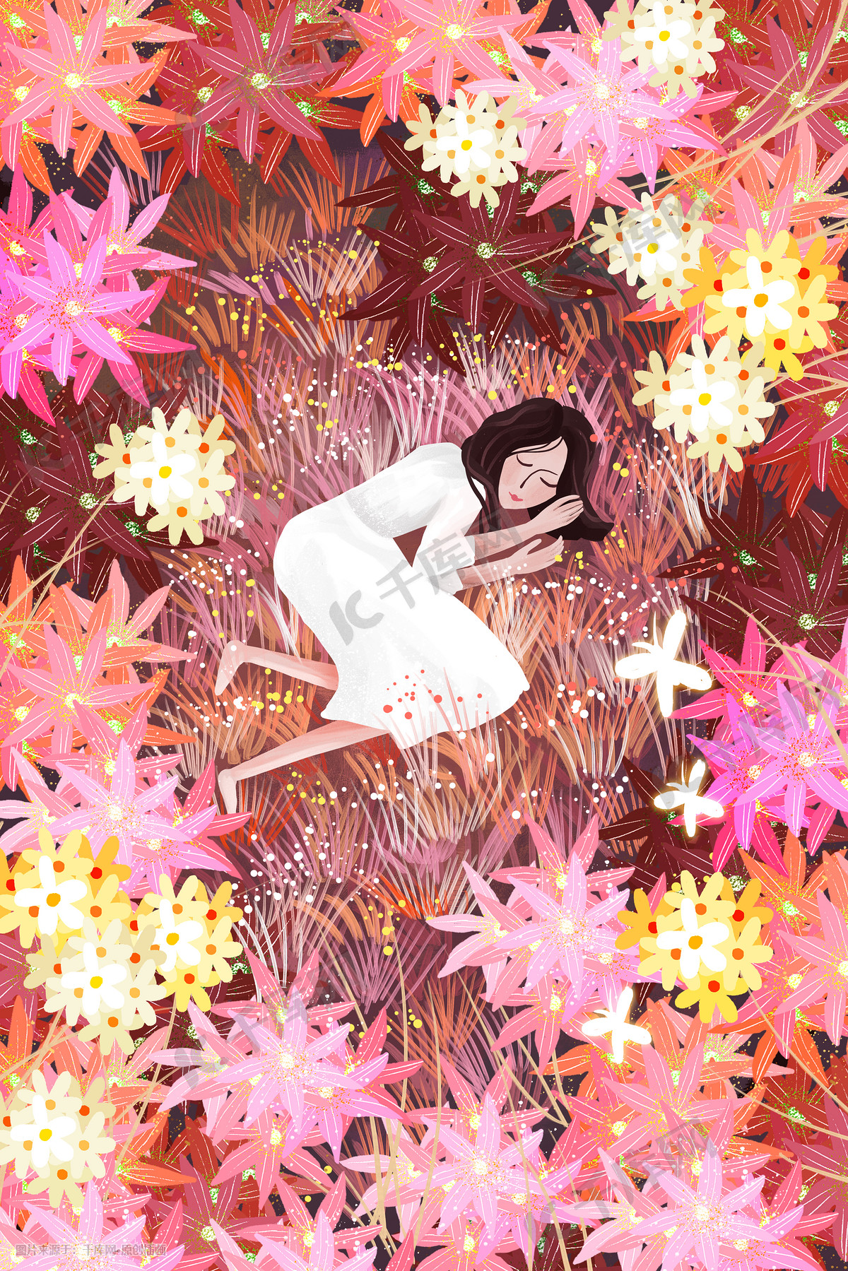 一个女人闭着眼睛躺在地上。她的头发是树叶的叶子.高清摄影大图-千库网