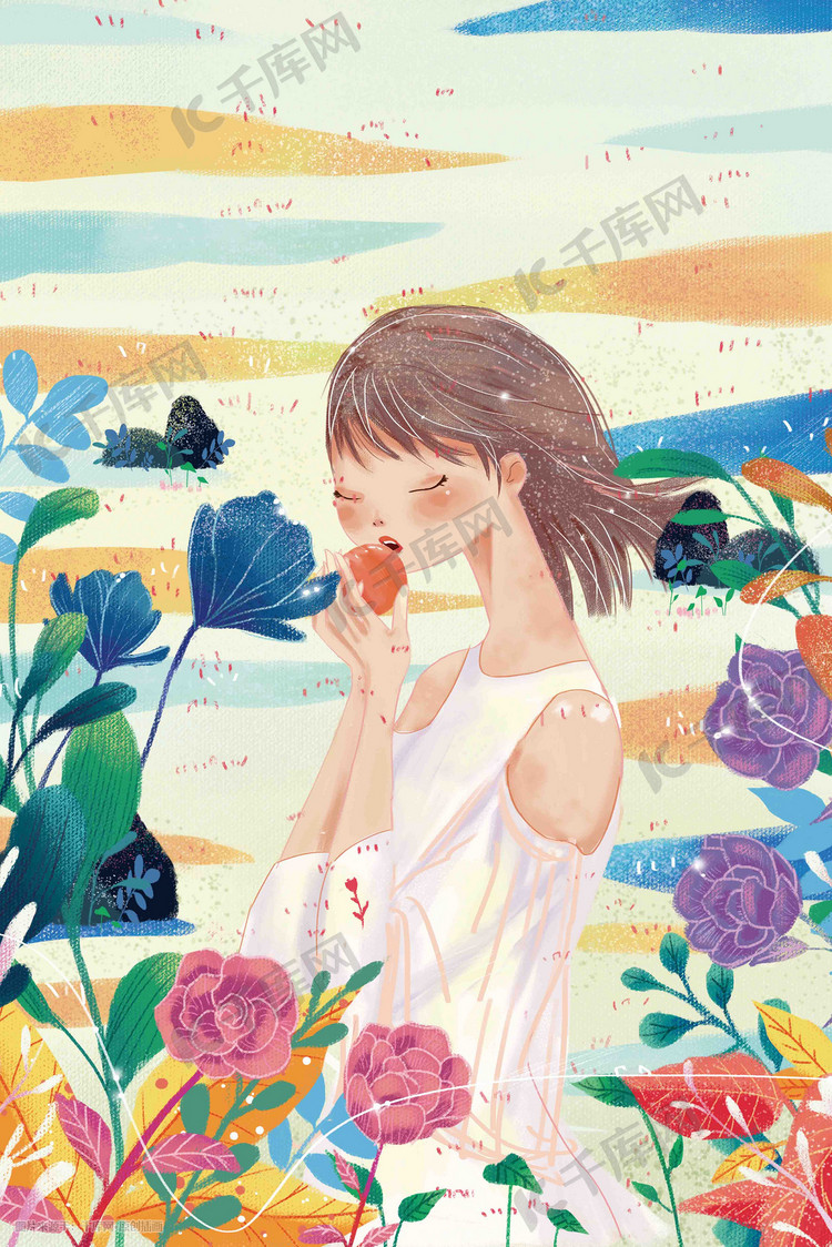 早安清晨阳光花香鲜花青春少女手绘风格插画