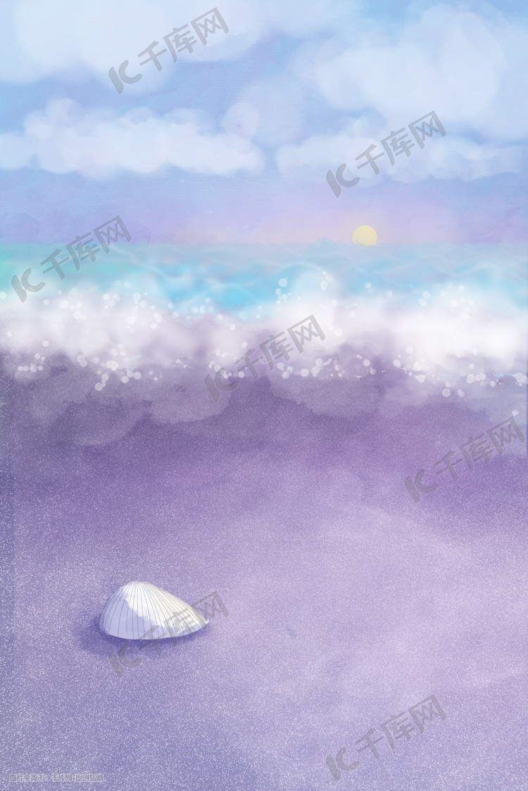夏天唯美紫色治愈沙滩海天空蓝天云海浪背景