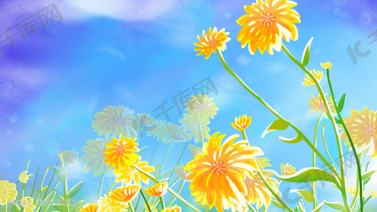 蓝色系夏日小清新黄色花朵天空背景