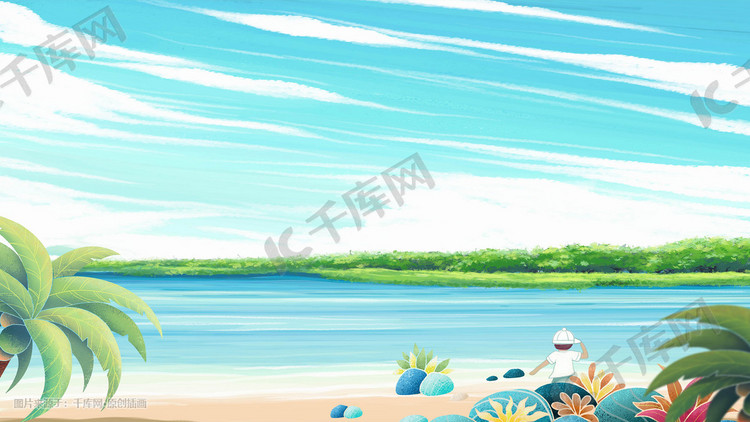 夏天天空海蓝天云草地沙滩插画背景