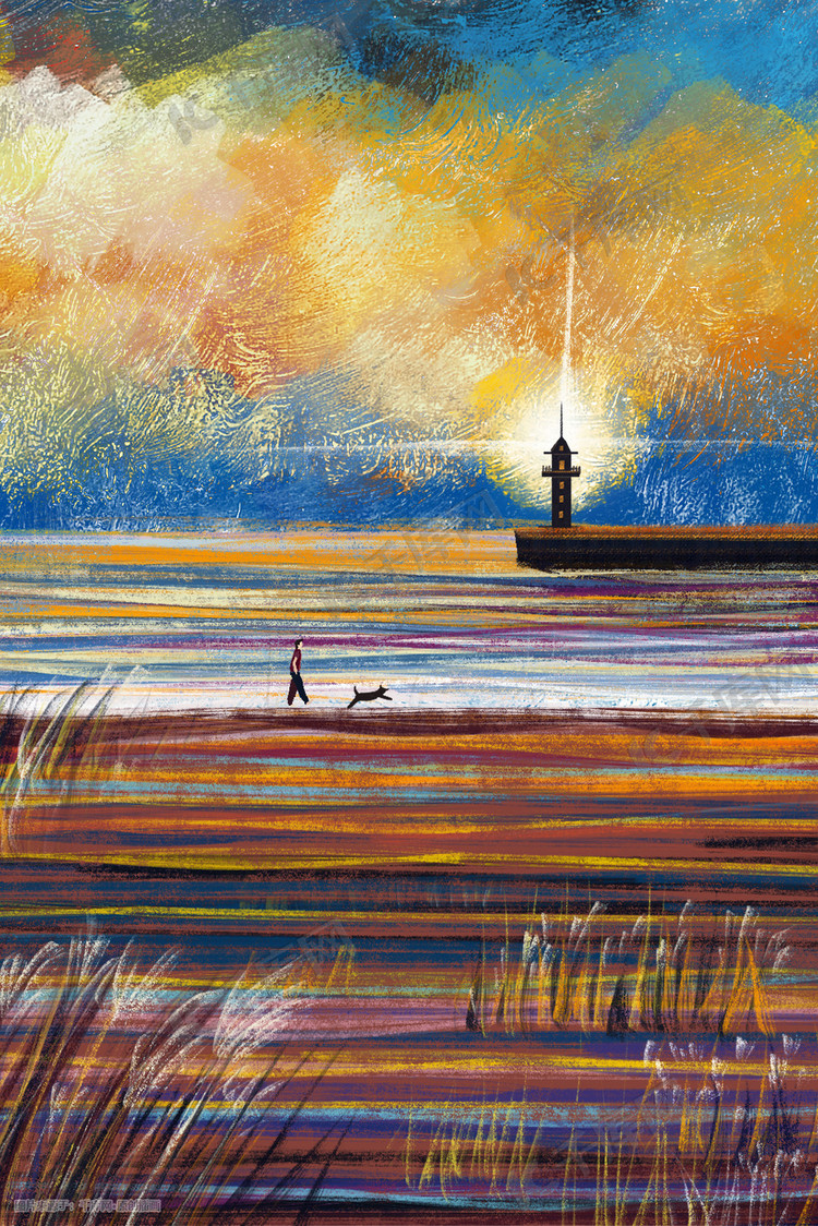 海边散步灯塔风景油画插画图片-千库网