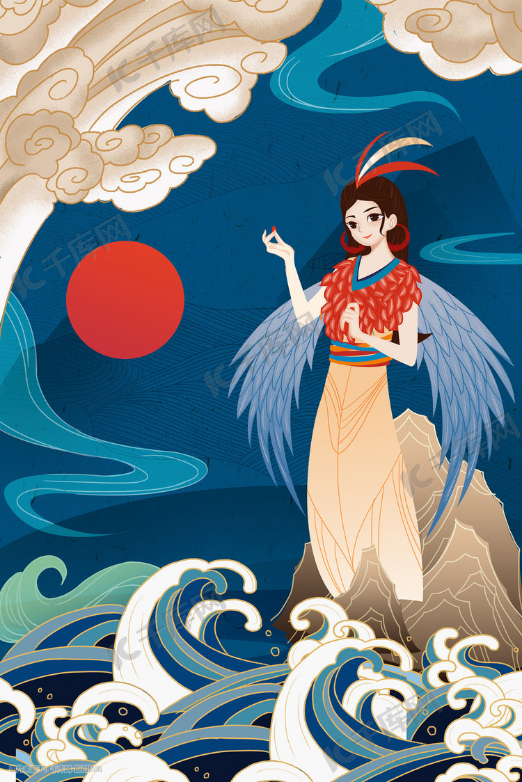 中国风工笔神话精卫填海手绘插画背景