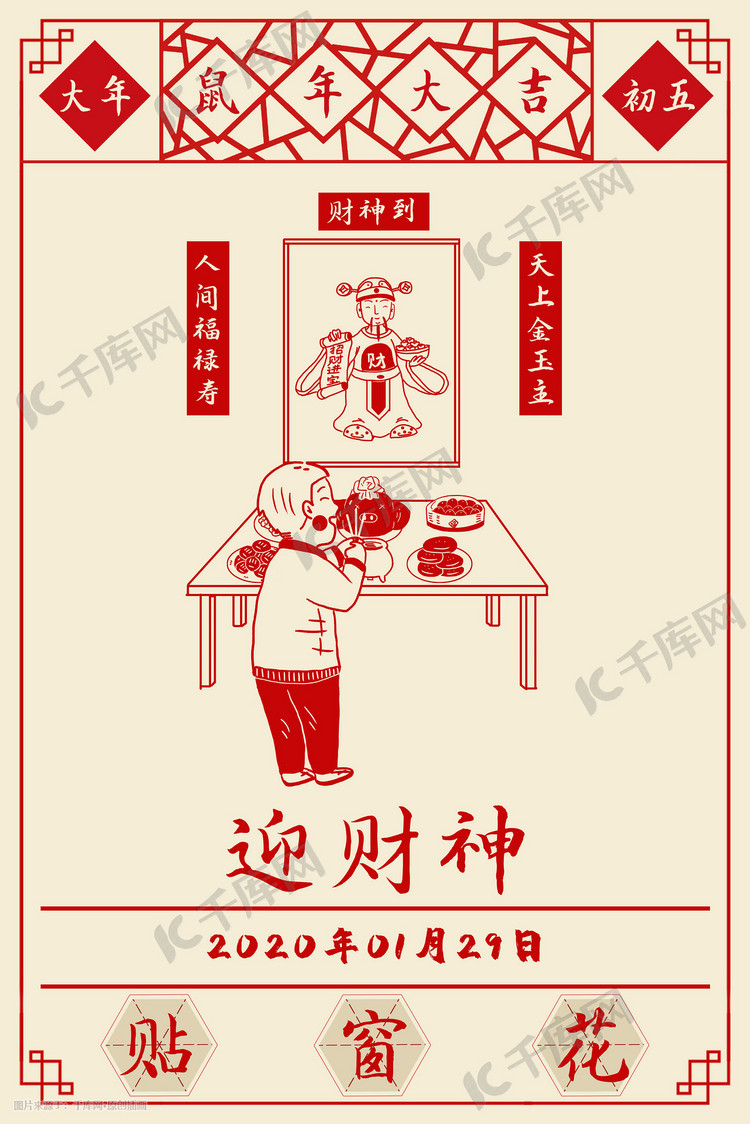 中国传统节日鼠年过年习俗大年初五插画