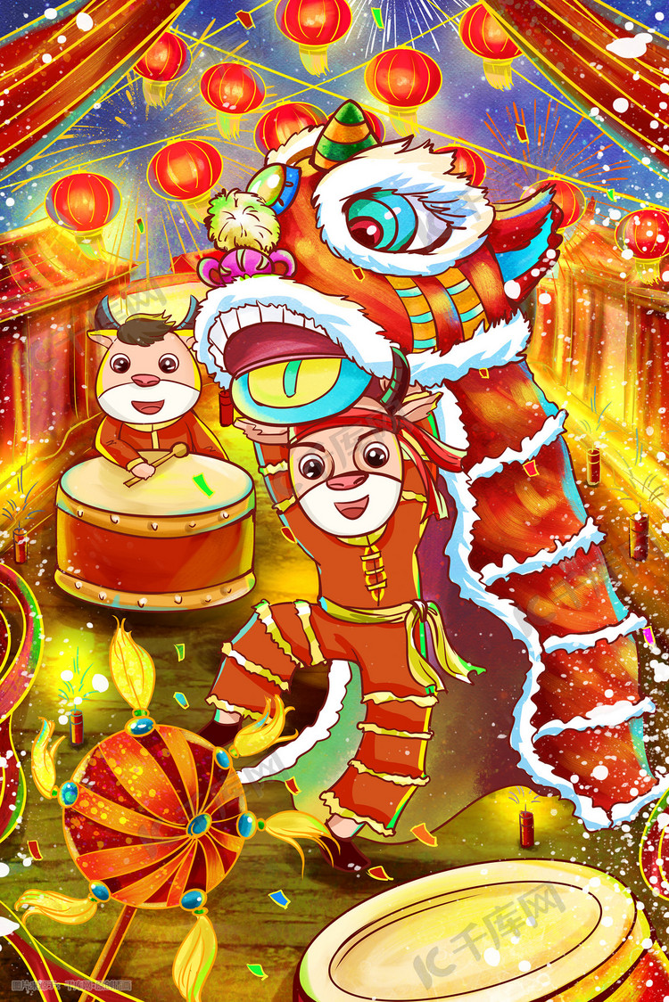 新年春节2021牛年舞狮迎新年