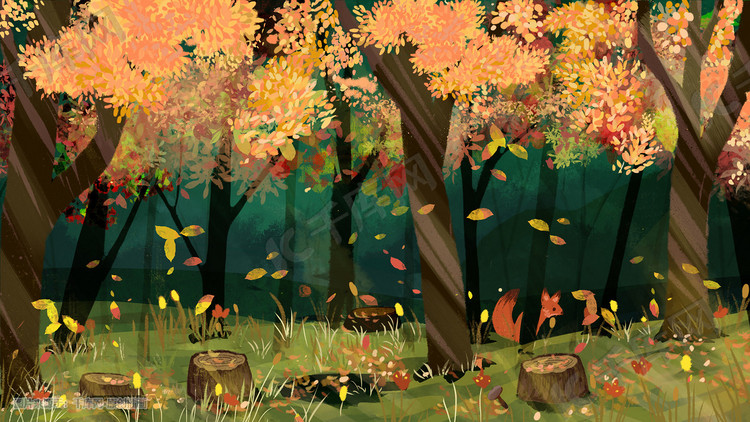 秋季密林风景手绘厚涂插画