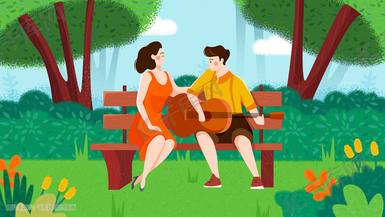 浪漫情侣爱情风景公园弹吉他情人节横幅配图