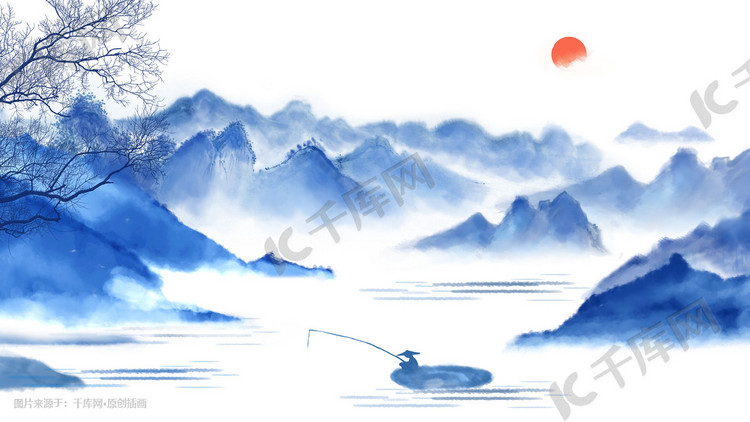 青花瓷中国风山水画风景