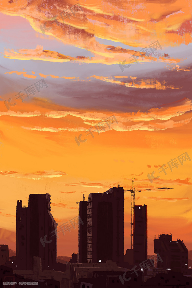 城市边缘的夕阳天空插画