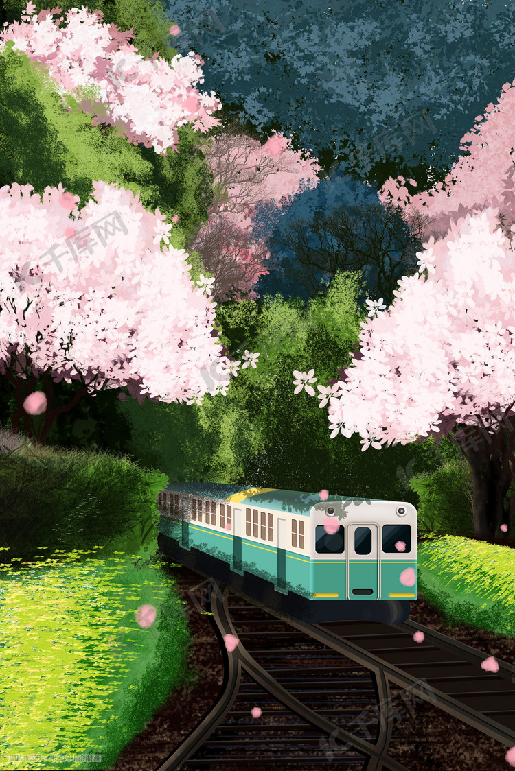 油画风樱花树下行驶的绿色火车