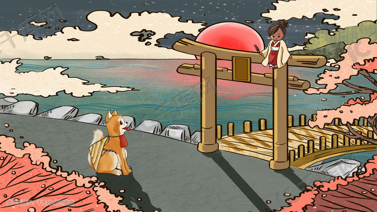 浮世绘和风日式国风女孩和秋田犬神社插画