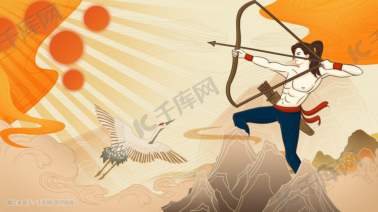 中国风工笔神话后羿射日手绘插画背景