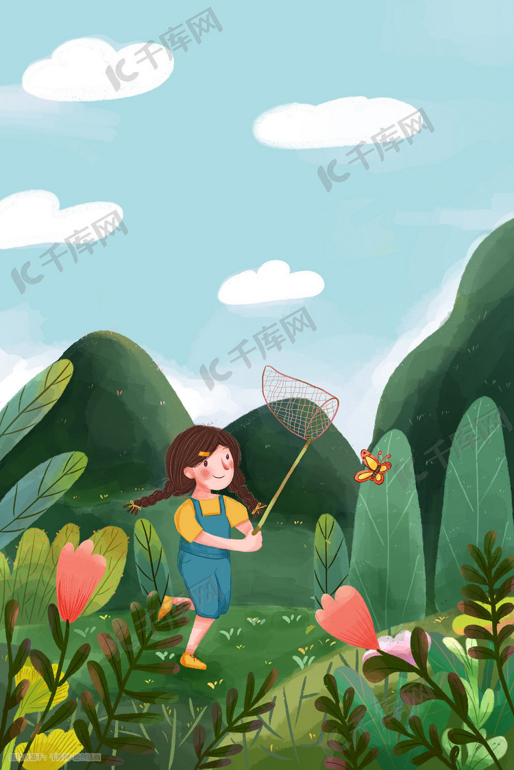 可爱的长辫子女孩春天在山里追捕蝴蝶