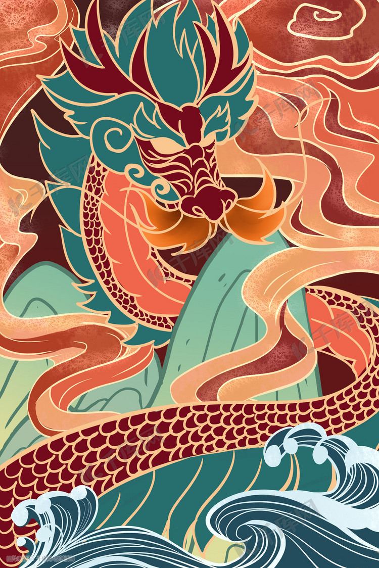描金国潮龙王国风敦煌配色国潮插画图片-千库网