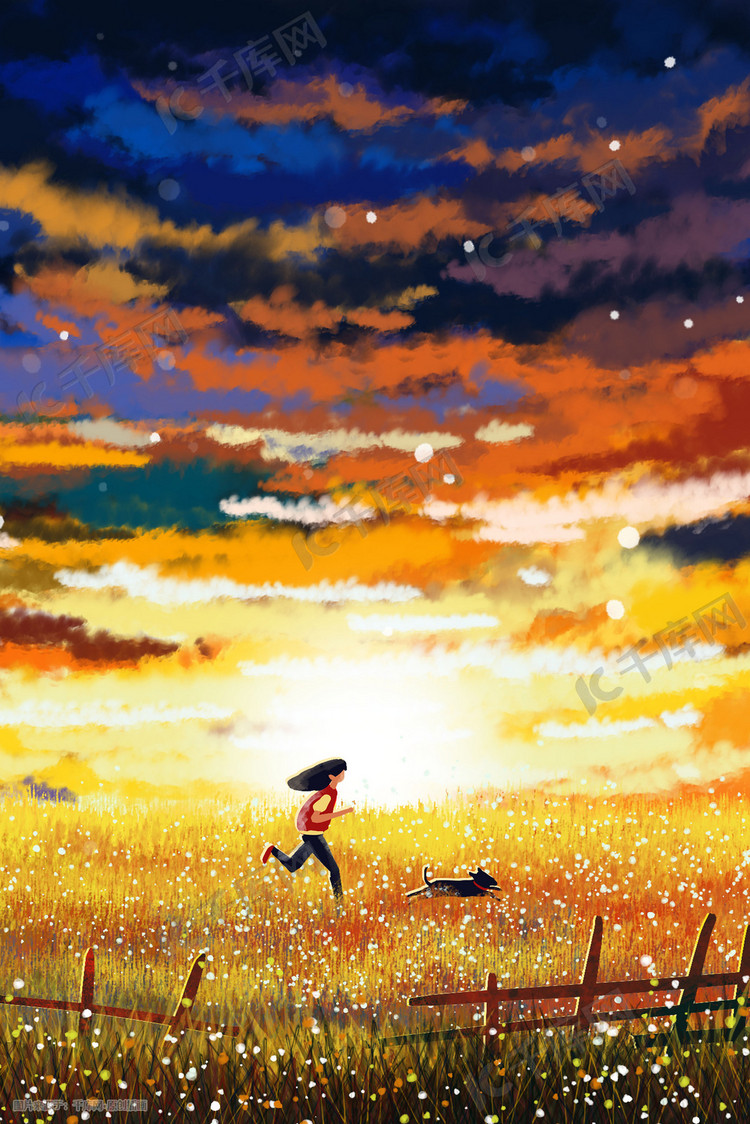 夏日女孩跑步彩色云朵夕阳下